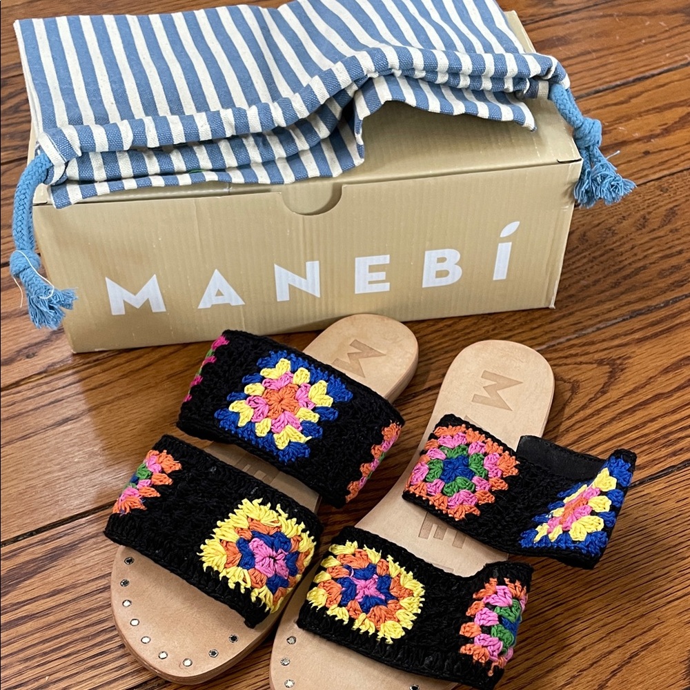 Evereve Black Crochet Sandals with Multicolor Design